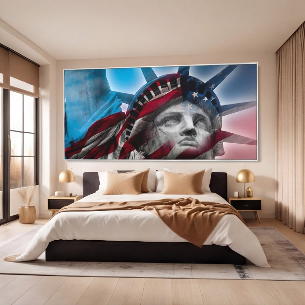 Tablou canvas cu statuia libertatii suprapusa cu steagul american, in rama de aluminiu argintiu, pe perete intr-un dormitor